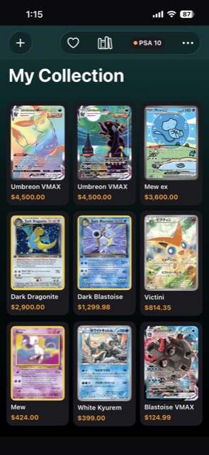 Scan 'Em All collection grid showing saved cards and their values